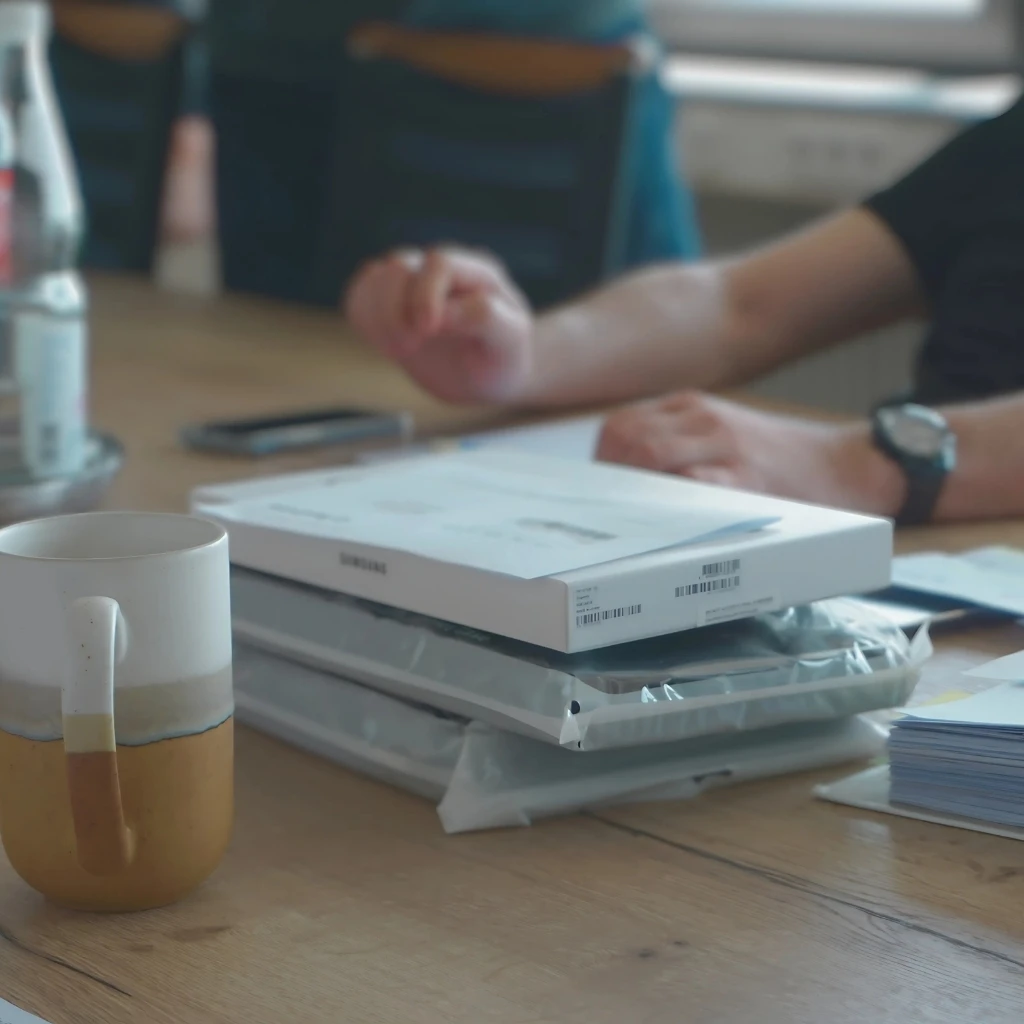 Mitarbeiter bei Bausprecheung im Büro