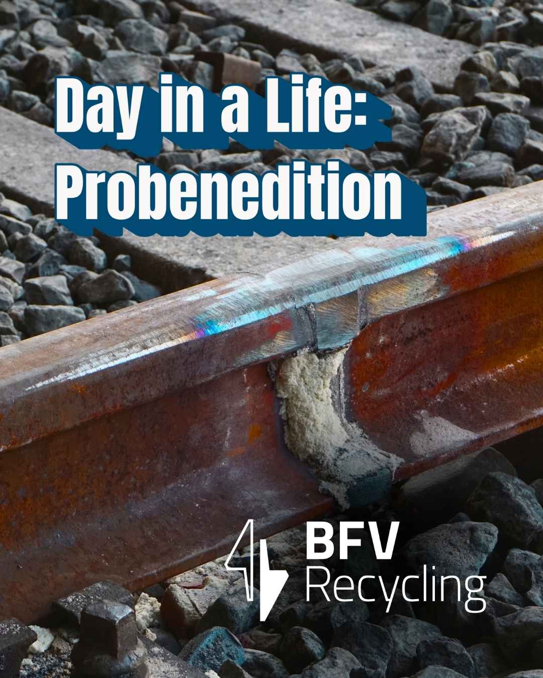 Nahaufnahme einer Schiene mit Schweissnaht auf Schotterbett; Text „Day in a Life: Probenedition“ und BFV Recycling Logo sichtbar.