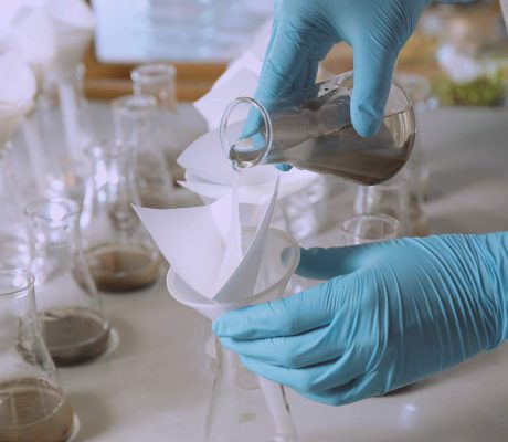 Laborhände gießen Suspension durch Papierfilter in Erlenmeyerkolben